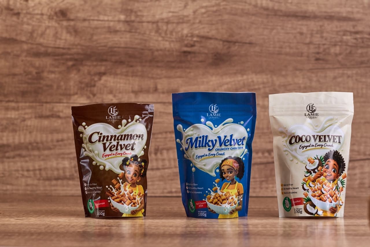 Lamie Foods chin chin range — Cinnamon Velvet, Milky Velvet, Coco Velvet.